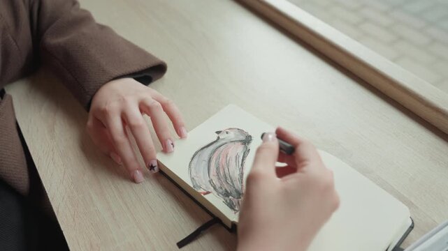 Person observes while another hand draws bird sketch using marker on paper. scene is set indoors with natural light coming through window and focus remains on hands and drawing materials