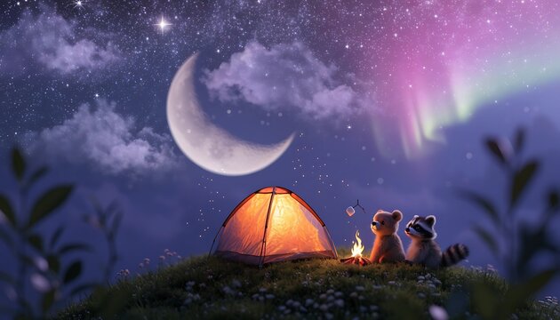 Cute bear and raccoon camping under a crescent moon and aurora sky