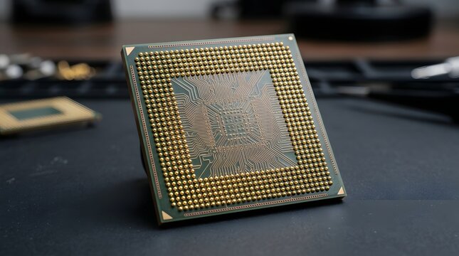 Advanced computer processor unit featuring intricate golden pin grid array connectors resting on dark workbench surface indoors