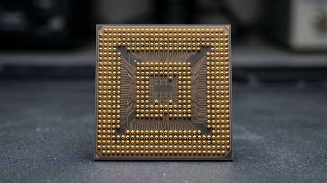 Advanced computer microprocessor featuring intricate golden pin grid array contacts resting on dark textured workshop workbench surface