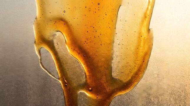 Golden honey flowing down textured surface with small air bubbles creating abstract amber patterns under bright sunlight