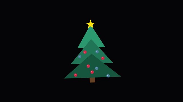 animated green vector Christmas tree illustration on a black background. 4K Video