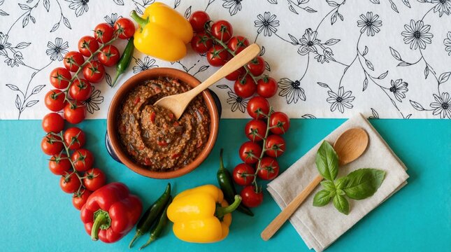 Minimalist flat lay of traditional zacusca spread in terracotta bowl. Fresh summer vegetables like red bell pepper, yellow pepper, cherry tomatoes, green chili surround dip. Wooden spoon, basil