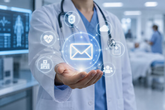 Doctor presenting glowing digital mail icon over open palm representing secure hospital communication network, telemedicine messaging, patient data transfer and clinical connectivity