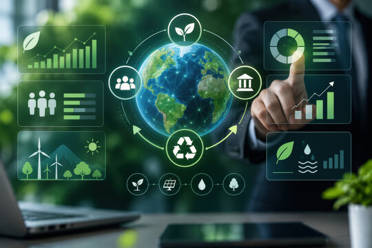 Interactive sustainability dashboard with digital globe ESG metrics recycling symbols analytics corporate responsibility performance visualization for responsible business strategy and reporting