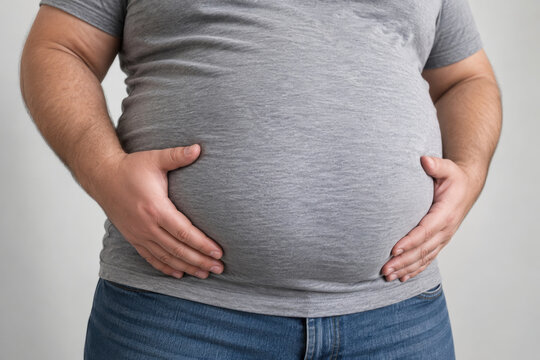 Adult man clutching prominent belly in gray t shirt, close framing of abdominal paunch conveying central obesity, excess body fat, weight gain and metabolic health concern for wellness searches