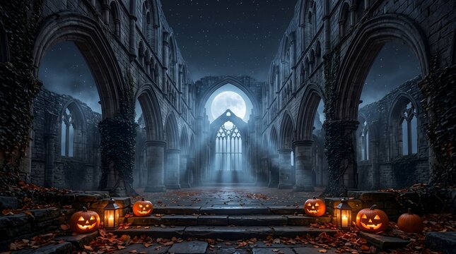 Moonlit Gothic abbey ruins with fog, light beams, glowing pumpkins and candle lanterns