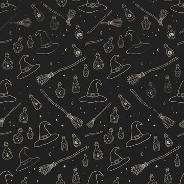 Seamless vector pattern features hand-drawn witch hats, broomsticks, and magic potion bottles.