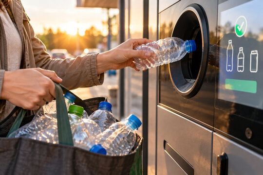 Plastic Bottle Deposit Return at Recycling Machine with Reusable Bag and Sunset Light
