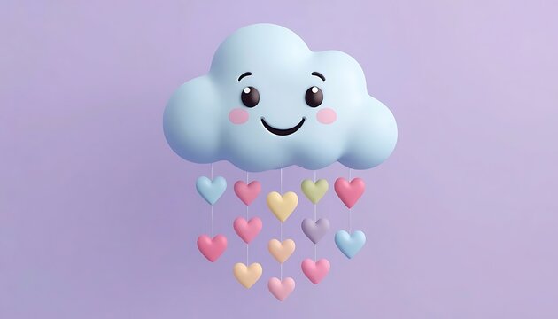 Cute 3D smiling cloud raining pastel hearts on a soft purple