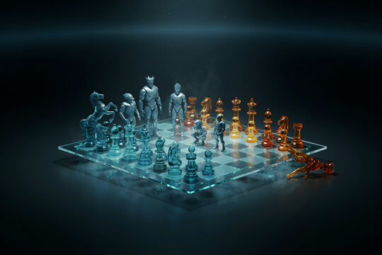 A glass chessboard featuring futuristic humanoid chess pieces in blue and orange, set in a dark environment with atmospheric smoke effects