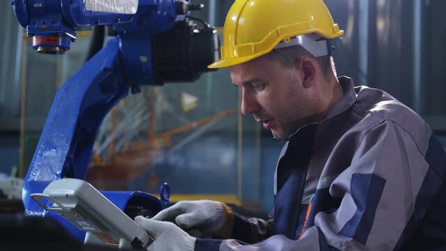 Industrial engineer inspecting a robotic arm machine in an automated manufacturing factory, robotics, automation, smart manufacturing, machine maintenance, quality control and Industry technology.