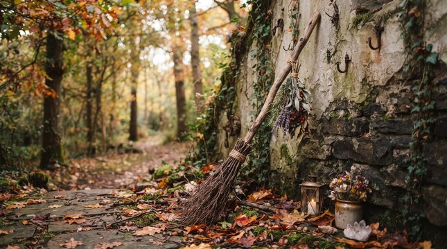Witch broom leans against a mossy stone wall along a winding forest path covered in fallen autumn leaves.