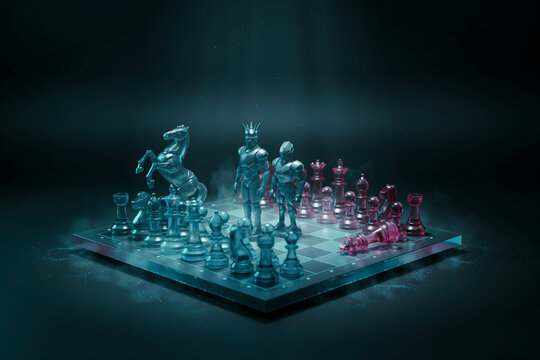 A glass chessboard with futuristic humanoid chess pieces in blue and red, set in a dark smoky environment with dramatic lighting effects