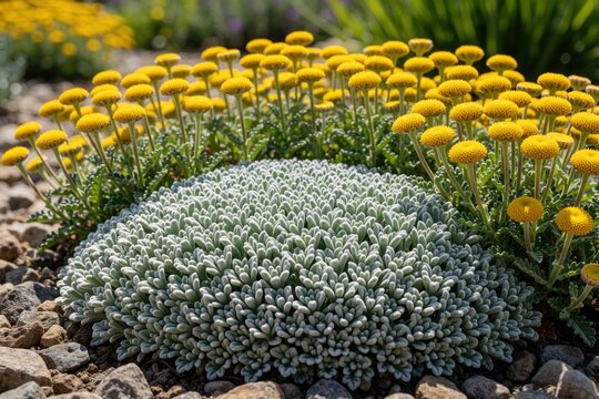 Low growing Cotula hispida plant forms dense silvery gray carpet in sunny rock garden. Small yellow flower heads bloom above velvety foliage. Close up shot shows textured leaves, bright floral