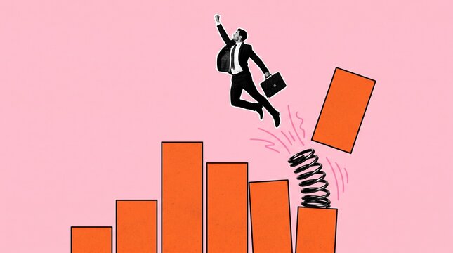 Businessman jumping over orange bar chart with metal spring.