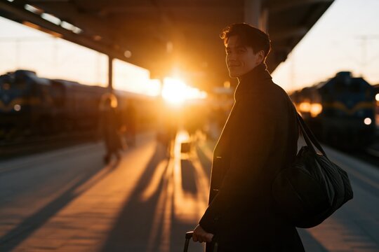 Young man smiling on a train platform at sunset with luggage for travel background and lifestyle banner promoting commuting and journeys