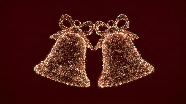 Festive solid dark-crimson banner featuring bells made of gleaming liquid gold; 3D Golden Glittery Christmas Bells with Bows 