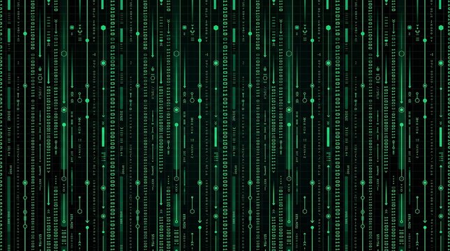 Green binary code digital data stream background with vertical lines