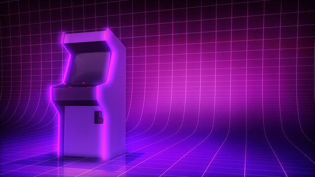Arcade machine cabinet, in a purple, neon retro, tech environment. A 3D illustration background with copy space