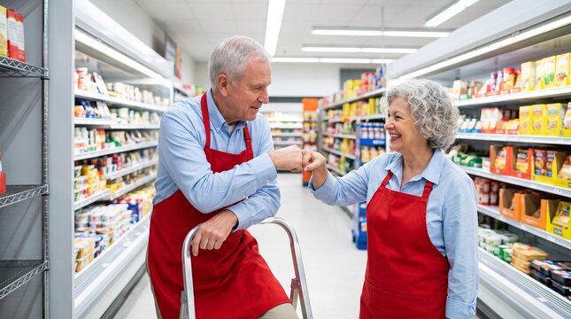 Elderly store employees giving fist bump in supermarket aisle.