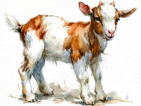 Watercolor illustration with a cute baby goat on white background