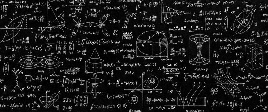 Wide board with scientific formulas and calculations in physics and mathematics. Scientific and educational background.
