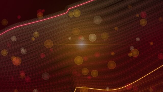 Abstract digital wave pattern features glowing light particles and dynamic bokeh effects on a dark red background.