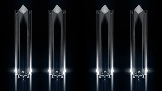 Four silver crystal obelisks with blue rays on black, minimal futuristic VJ loop for corporate stage