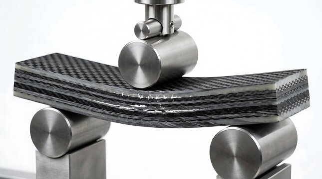 Three point bending test machine applying pressure to composite material sample