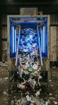 Conveyor belt ejecting mixed plastic bottles and containers in indoor recycling plant background for waste management poster or industrial design