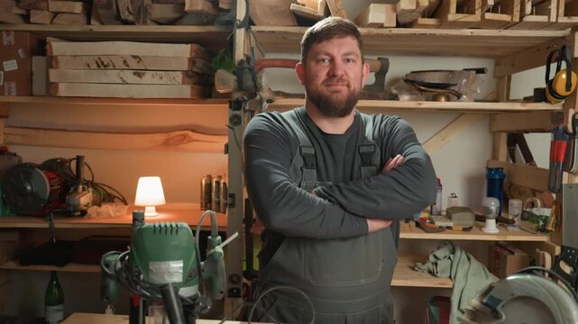 Joiner works at his workshop table surrounded by various power tools like drills and saws. Man gestures as man speaks about woodworking processes with shelves of lumber in background