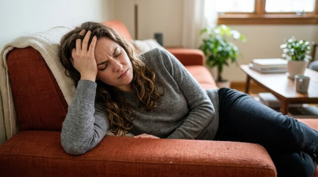 Young woman feeling unwell holding her head in pain on a comfortable sofa at home