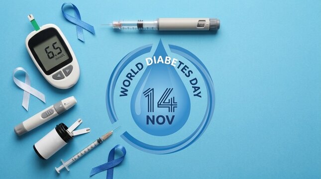 World Diabetes Day Concept Blood Glucose Monitor Syringes Insulin Pens and Awareness Ribbons on Blue Background