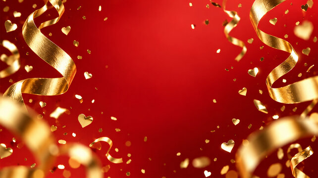 Festive red background with floating golden ribbons, heart shaped confetti and sparkling decorations with large central copy space