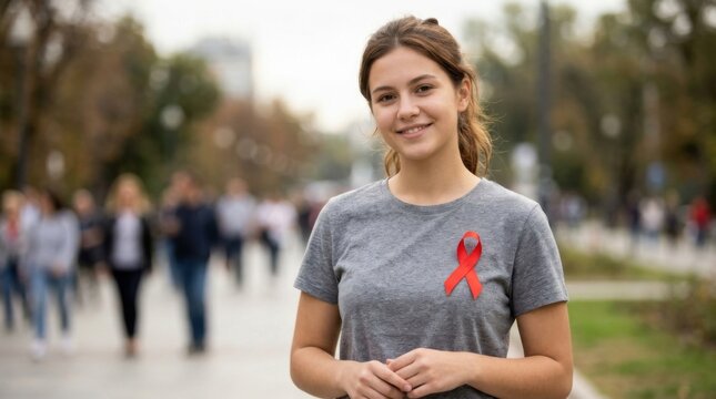 Young Woman Wearing Red Ribbon Awareness Symbol Outdoors in Park with Blurred People Background