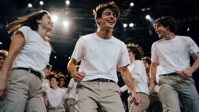 Young adults in matching white T shirts and neutral pants smiling and walking together during a lively fashion event