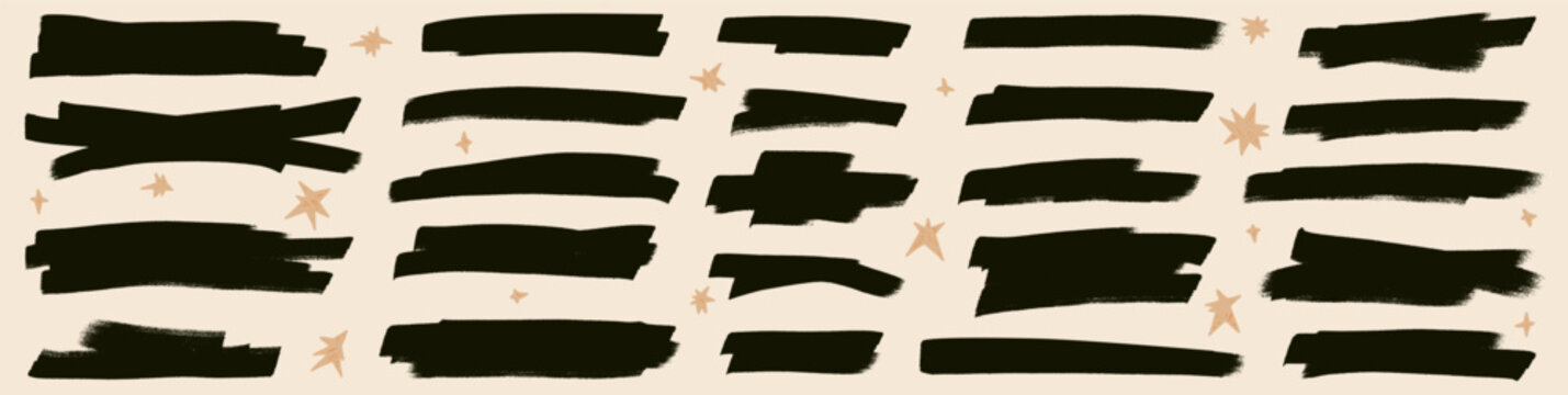 Brush marker patch set with black and swipes. Rough dynamic felt tip texture with rectangular marks. Vector collection for headings or label design. Freehand doodle lines for callout and dividers