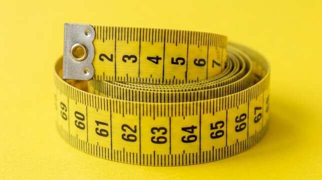 Yellow Measuring Tape Rolled Up on Bright Yellow Background Healthcare Diet Fitness Concept