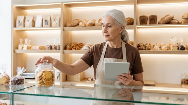Elderly baker organizing cookies in jar at bakery counter.