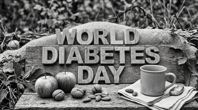 World Diabetes Day Health Awareness Apples Nuts and Coffee on Rustic Wood