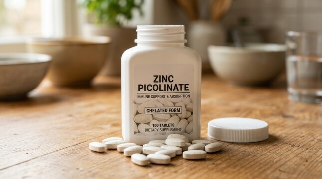 Zinc Picolinate supplement bottle with scattered pills on wooden table healthy living and wellness concept