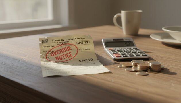 Wooden kitchen table displaying an overdue utility bill stamped in red next to a calculator and a neat stack of coins
