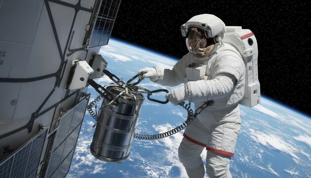 Astronaut working outside spacecraft using tether and carabiner to secure maintenance equipment with deep Earth background