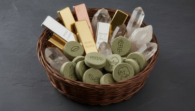 Diverse basket filled with physical commodity bars, raw quartz crystals, and green agricultural tokens symbolizing global market diversification