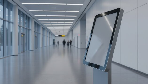 Side angle view of a blank digital kiosk screen standing in a modern transit terminal hallway with clean architectural lines and soft lights