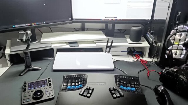 Highly ergonomic video editing equipment as professional video editing desk setup shows devices like ergonomic keyboard, ergonomic vertical mouse, monitors or special input device for short cuts