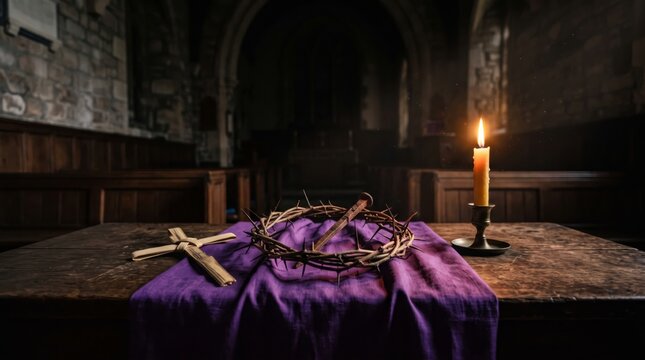 Crown of thorns and wooden cross on purple cloth in church. Christian symbols of Jesus Christs Passion. Lent and Good Friday observance. Catholic faith and devotion. Holy Week tradition.