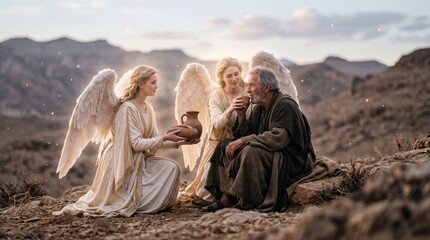 Fototapeta premium Angels offering bread and drink to an elderly man in a rocky wilderness. Biblical scene of angelic care. Christian faith, divine provision and spiritual comfort. Religious illustration.
