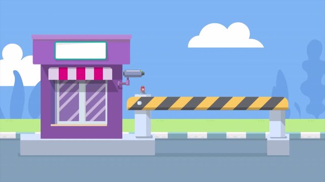Summer parking booth loop background with barrier gate and blue sky. Seamless looping checkpoint scene perfect for security videos, toll gate loops, and entrance intros.